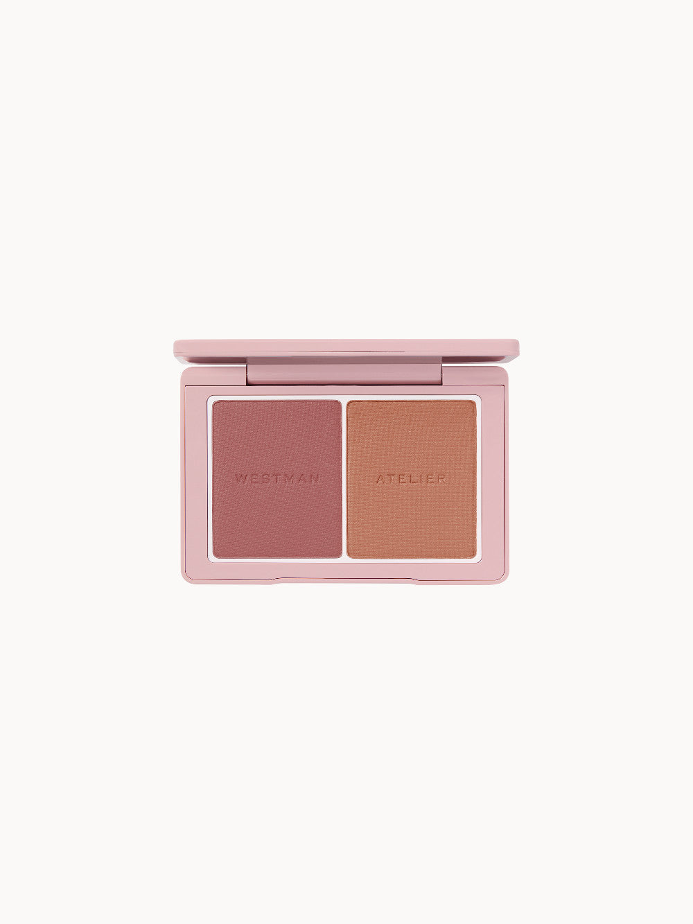 Geöffnete Puder-Blush-Duo-Palette von Westman Atelier mit zwei matten Farbtönen in Rosé (Suede) und warmem Braun (Sable).