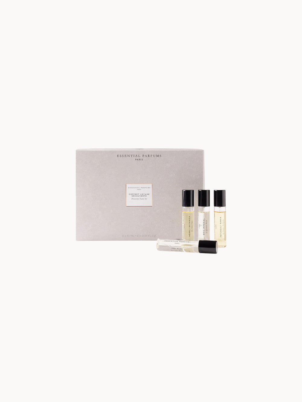 Essential Parfums Discovery Travel Set – Parfumset mit 4 x 10 ml Sprays ikonischer Düfte, inklusive eleganter Geschenkbox und Baumwolltäschchen.