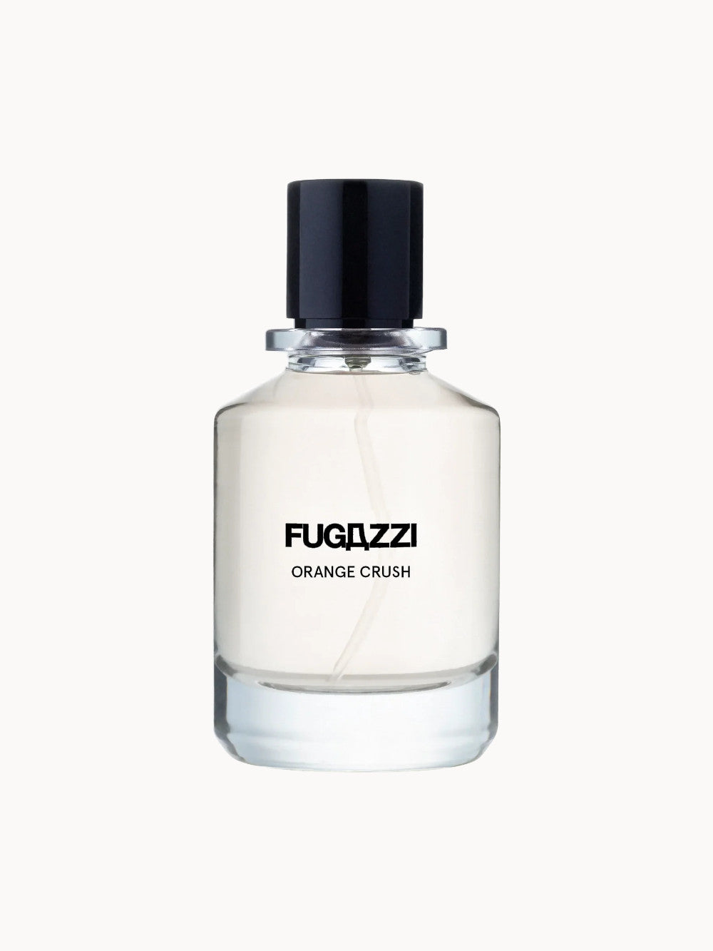 Flakon des Orange Crush Extrait de Parfum von Fugazzi, transparenter Glasflakon mit schwarzem Deckel und schwarzem Schriftzug.