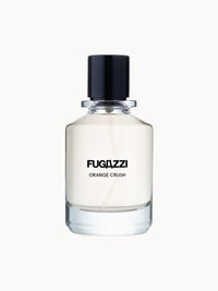 Flakon des Orange Crush Extrait de Parfum von Fugazzi, transparenter Glasflakon mit schwarzem Deckel und schwarzem Schriftzug.
