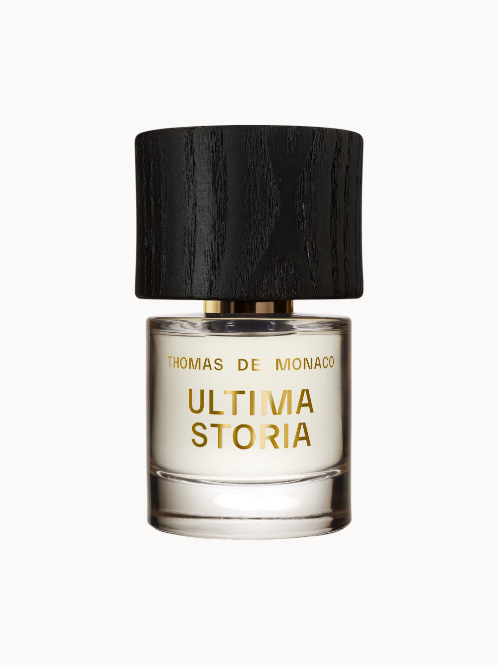 Thomas de Monaco Ultima Storia Parfumflakon – exklusives Nischenparfum mit hellem Duftinhalt und schwarzem Holzverschluss, inspiriert von italienischer Lebensfreude und sommerlicher Eleganz.