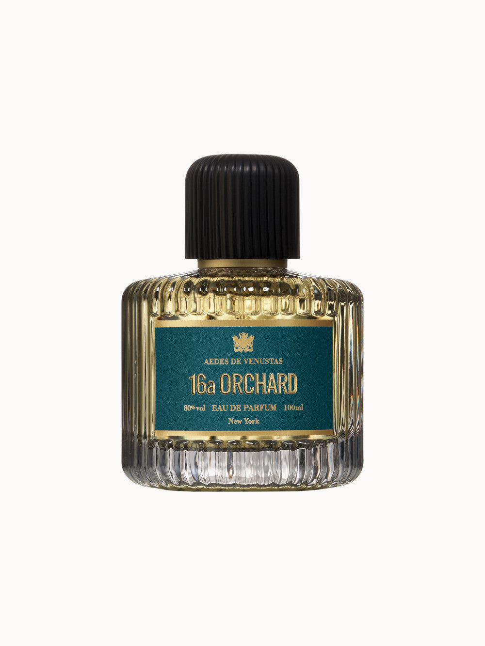 AEDES DE VENUSTAS 16A ORCHARD Eau de Parfum – eleganter, geriffelter Glasflakon mit peacockblauem Etikett und schwarzem Verschluss, 100 ml.