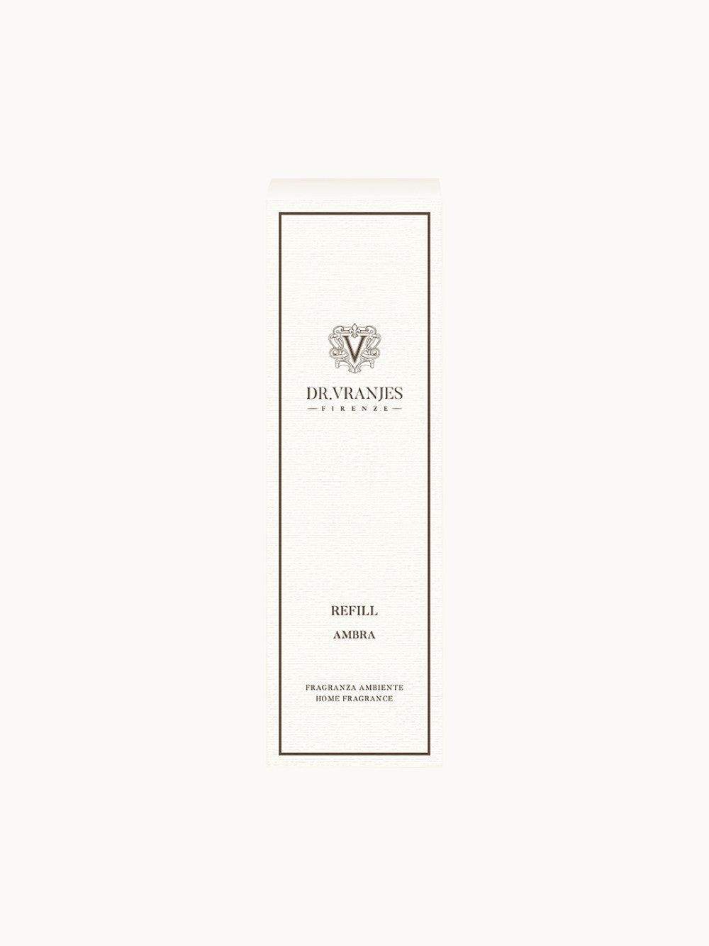 Verpackung des Ambra Refill Raumdufts von Dr. Vranjes Firenze in elegantem, cremefarbenem Design mit schwarzem Rahmen und Markenlogo.