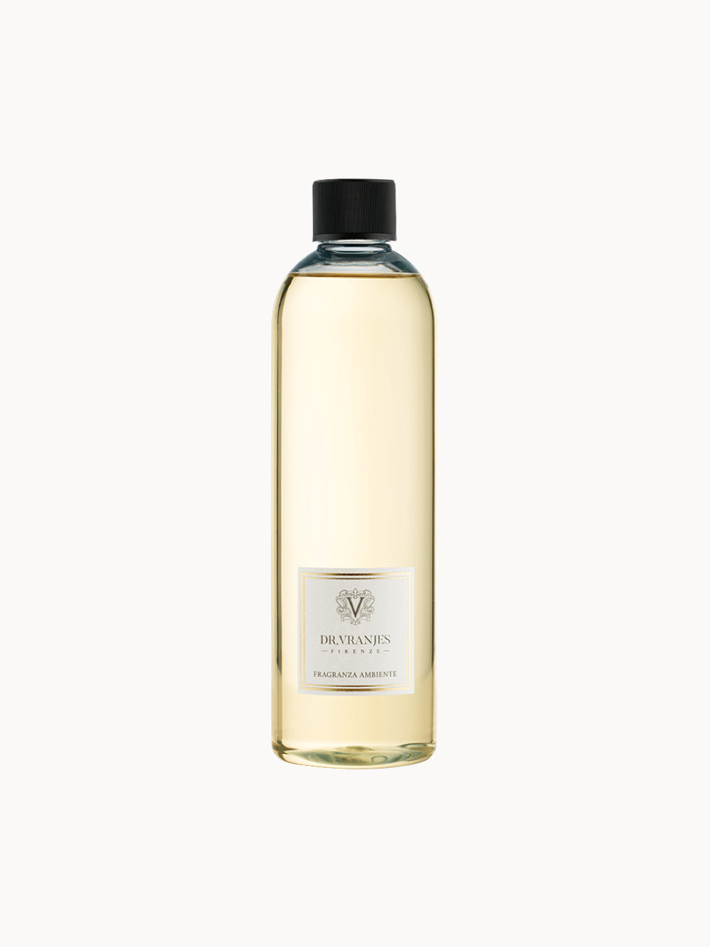 Nachfüllflasche des Ambra Raumdufts von Dr. Vranjes Firenze mit schwarzem Schraubverschluss und hellem Duftöl in einem schlichten Glasflakon.