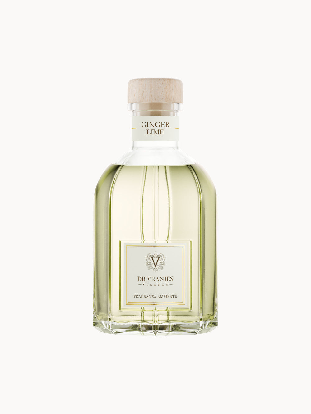 Raumdüfte-Flasche von Dr. Vranjes ohne Stäbchen, Duft Ginger Lime, runder Glasflakon mit Holzverschluss und hellgelber Flüssigkeit