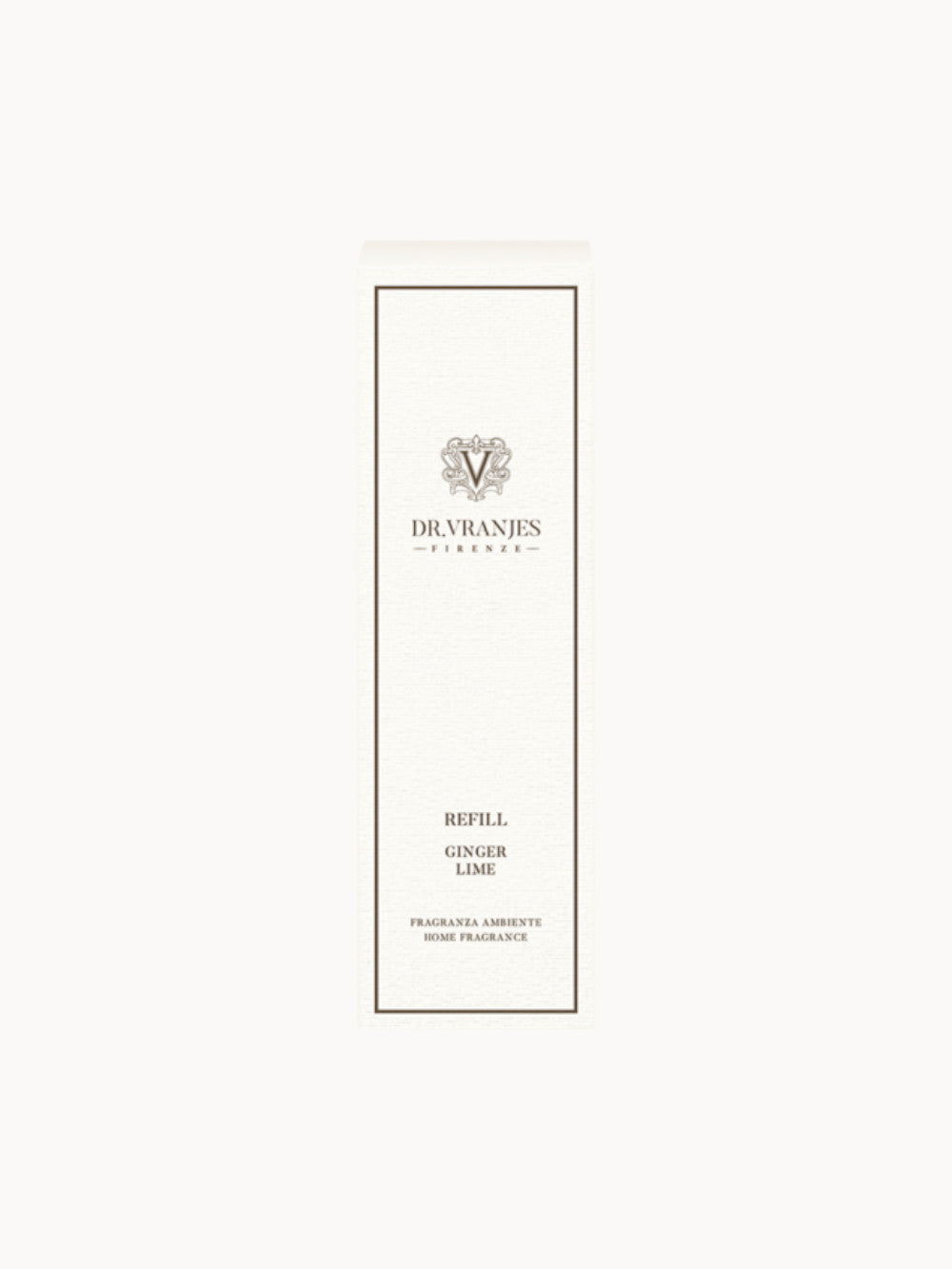 Nachfüllflasche „Ginger Lime“ von Dr. Vranjes Firenze – eleganter, weißer Karton mit goldener Umrandung und Aufschrift „Refill Ginger Lime – Home Fragrance“.