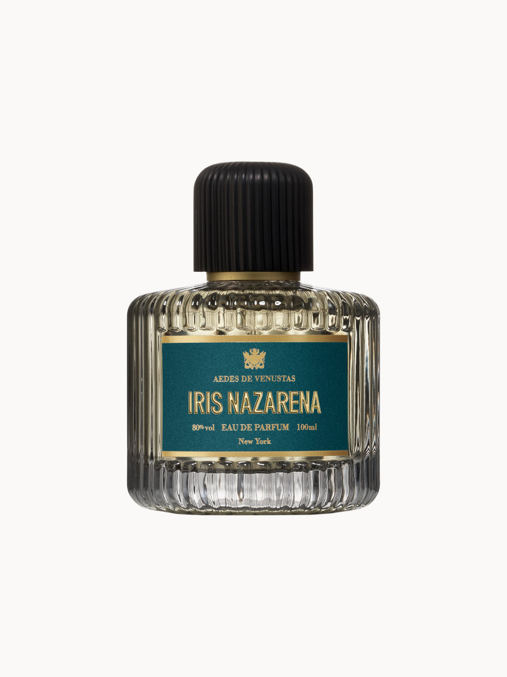 AEDES DE VENUSTAS Iris Nazarena Eau de Parfum – luxuriöser Flakon mit pfauenblauem Etikett und schwarzem Verschluss, 100 ml.